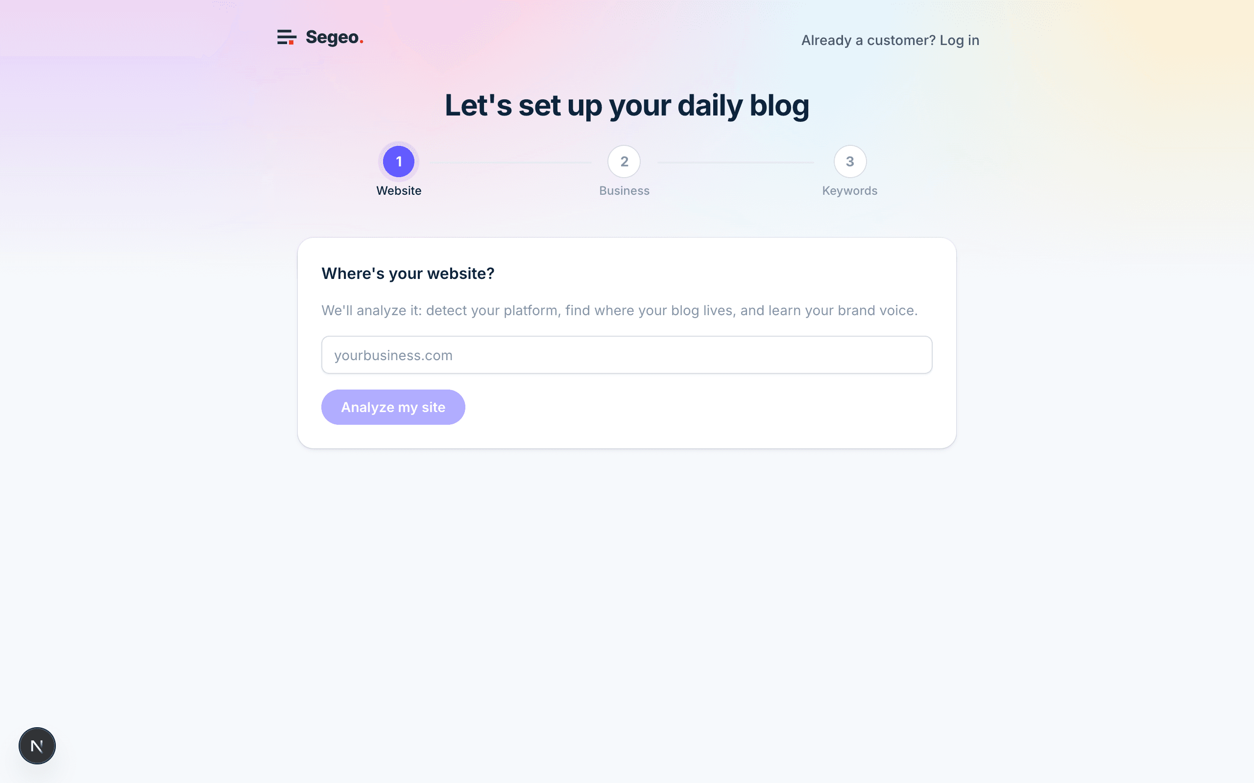 The onboarding wizard's website step
